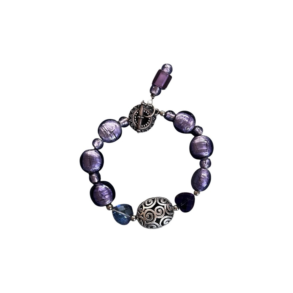 Handmade Artisan Purple Foil Art Glass Bead Bracelet Silver Filigree Toggle Boho